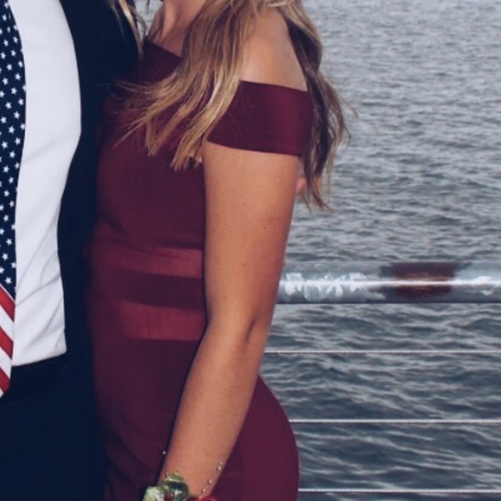 off the shoulder maroon prom dress